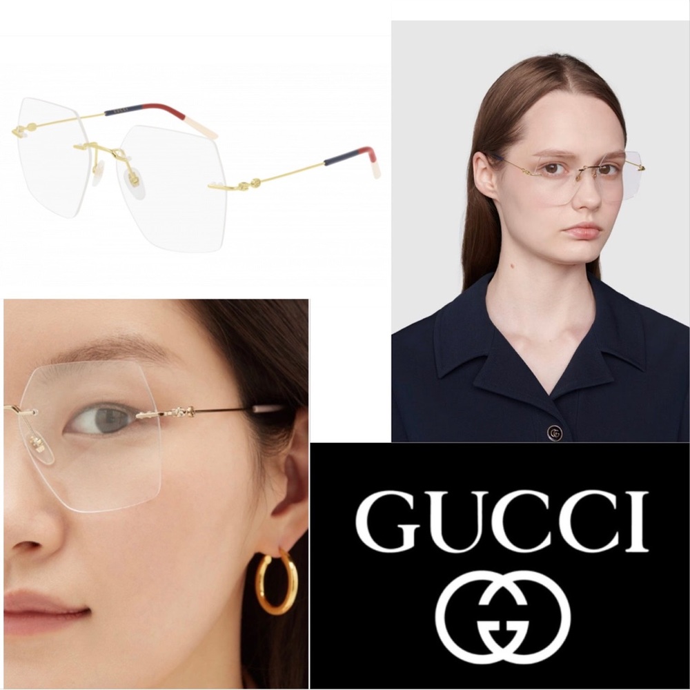Gucci Gold and Red Rimless Glasses